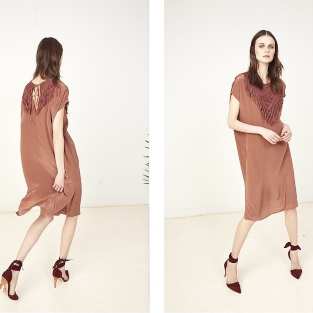 Ulla Johnson Liu Silk Fringe Boho Midi Dress in Rosewood NWT, Size 4